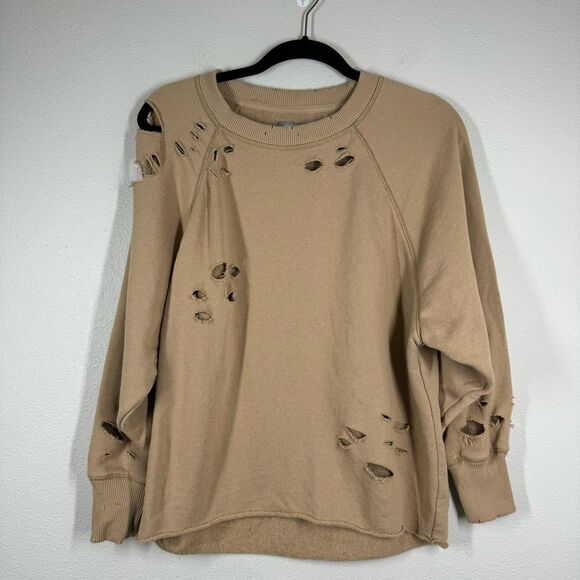 aerie Sweaters - Aerie Distressed Crew Neck Sweatshirt Tan Brown Oversized Size XS